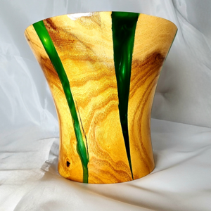 Hand turned mulberry wood vase with emerald green epoxy resin inlays