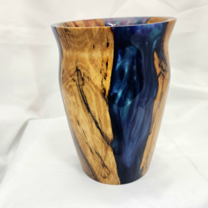 Hand-turned spalted sycamore wood vase with blue and purple epoxy resin